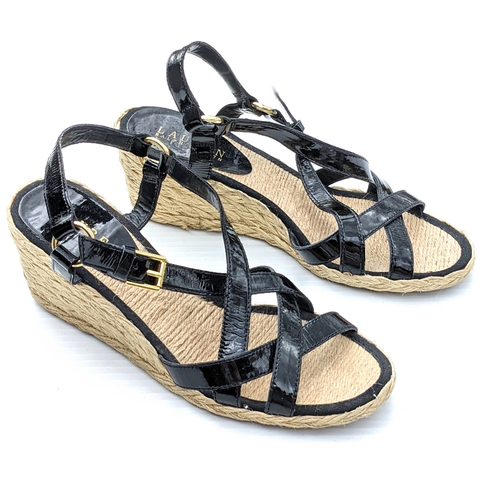 LAUREN RALPH LAUREN Chrissy Jute Espadrille Wedge Black Strappy Sandals Size 7.5